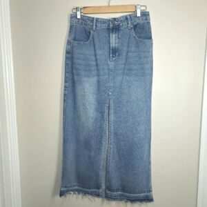 Happily Grey Blue Jean Denim Long Raw Hem Straight Front Slit Skirt Size 3/25